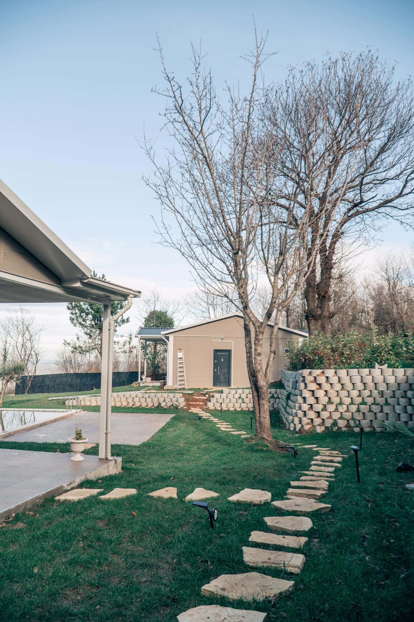 A contemporary home featuring a minimalist garden path with a serene lawn and leafless trees.